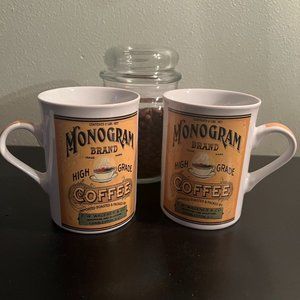 Vtg MONOGRAM COFFEE Mugs Mary Henry Collection California Pantry Set of 2 Cups